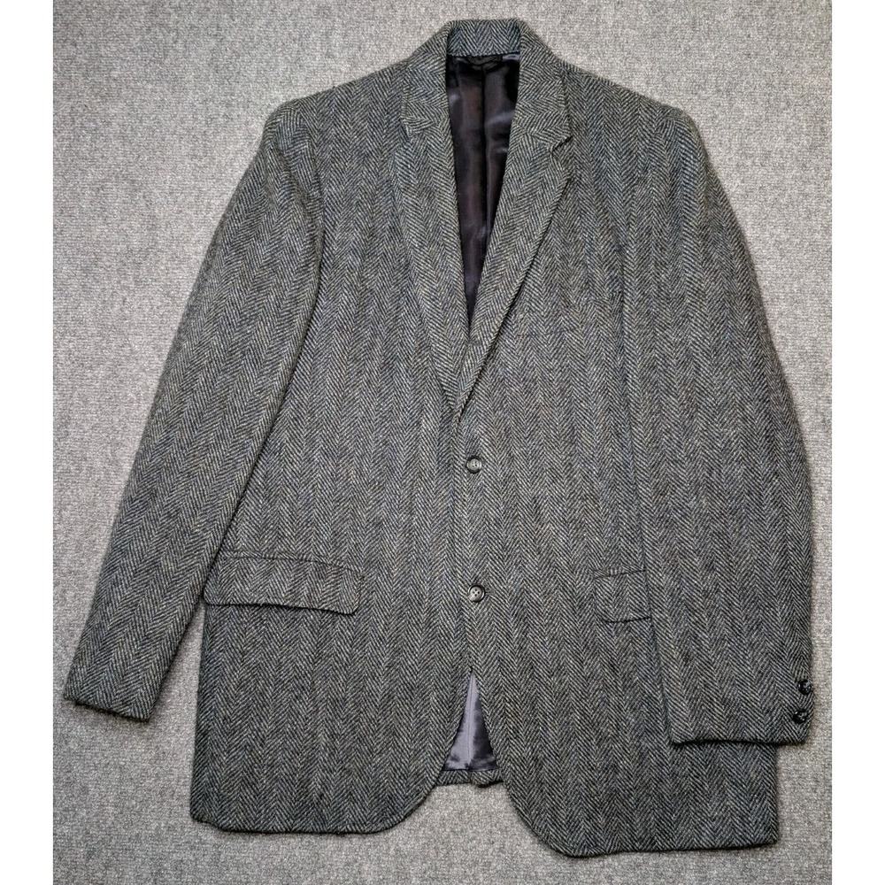 Vintage Roos Atkins HARRIS TWEED Scottish Wool Herringbone Blazer Men's 44L Navy